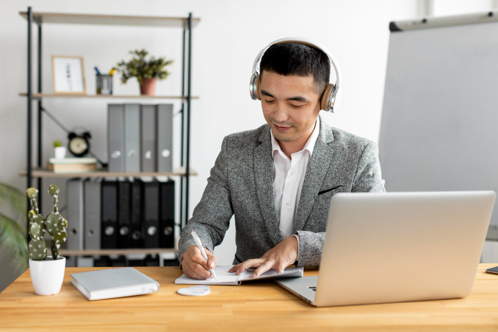 Photo of a man in a suit with a headset writing in a notebook.