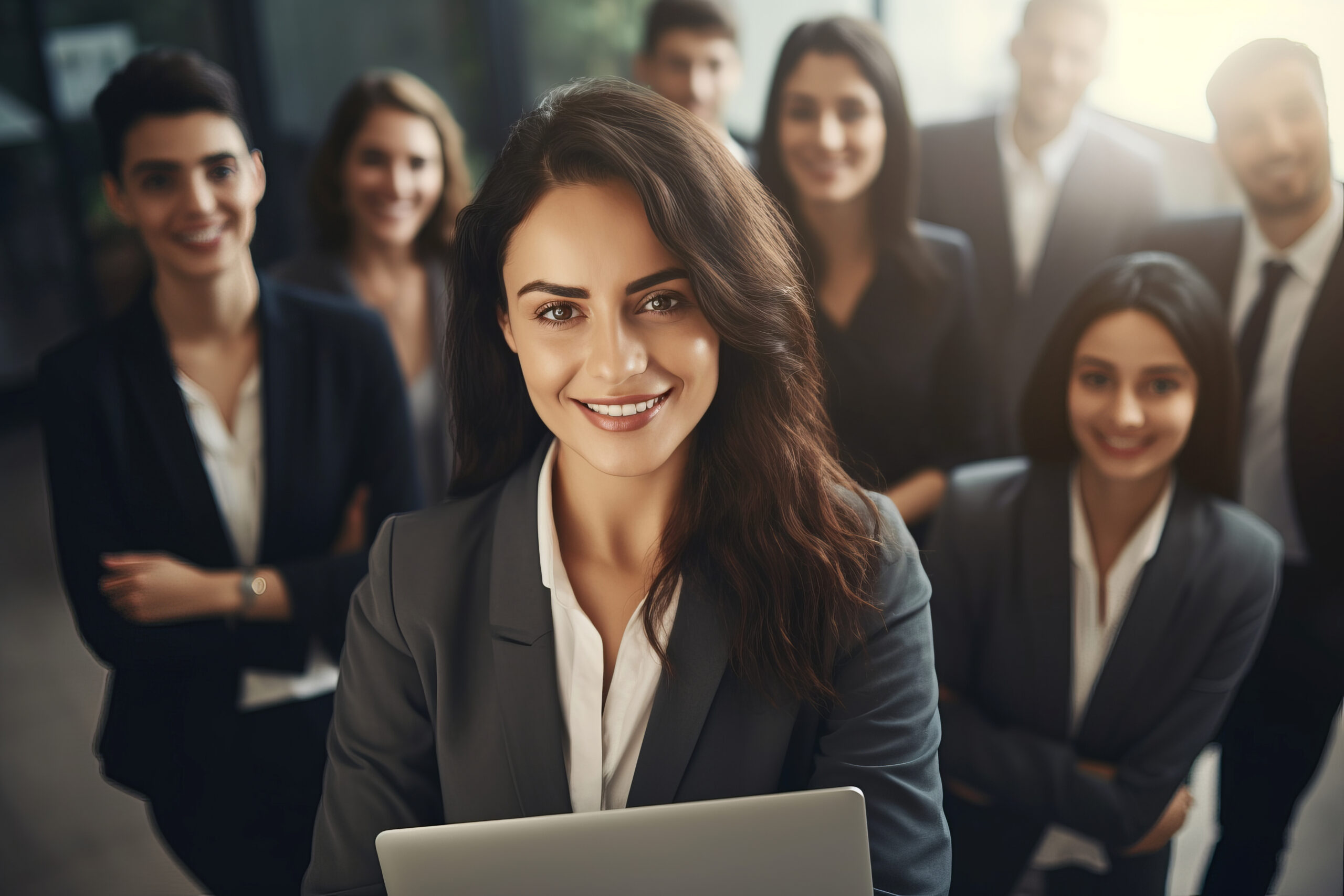 Confident Professional Woman A smiling businesswoman in a dark suit standing in an office.