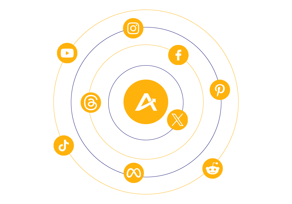 Altselino brand icon surrounded by social media platform logos like Facebook, Instagram, and TikTok.