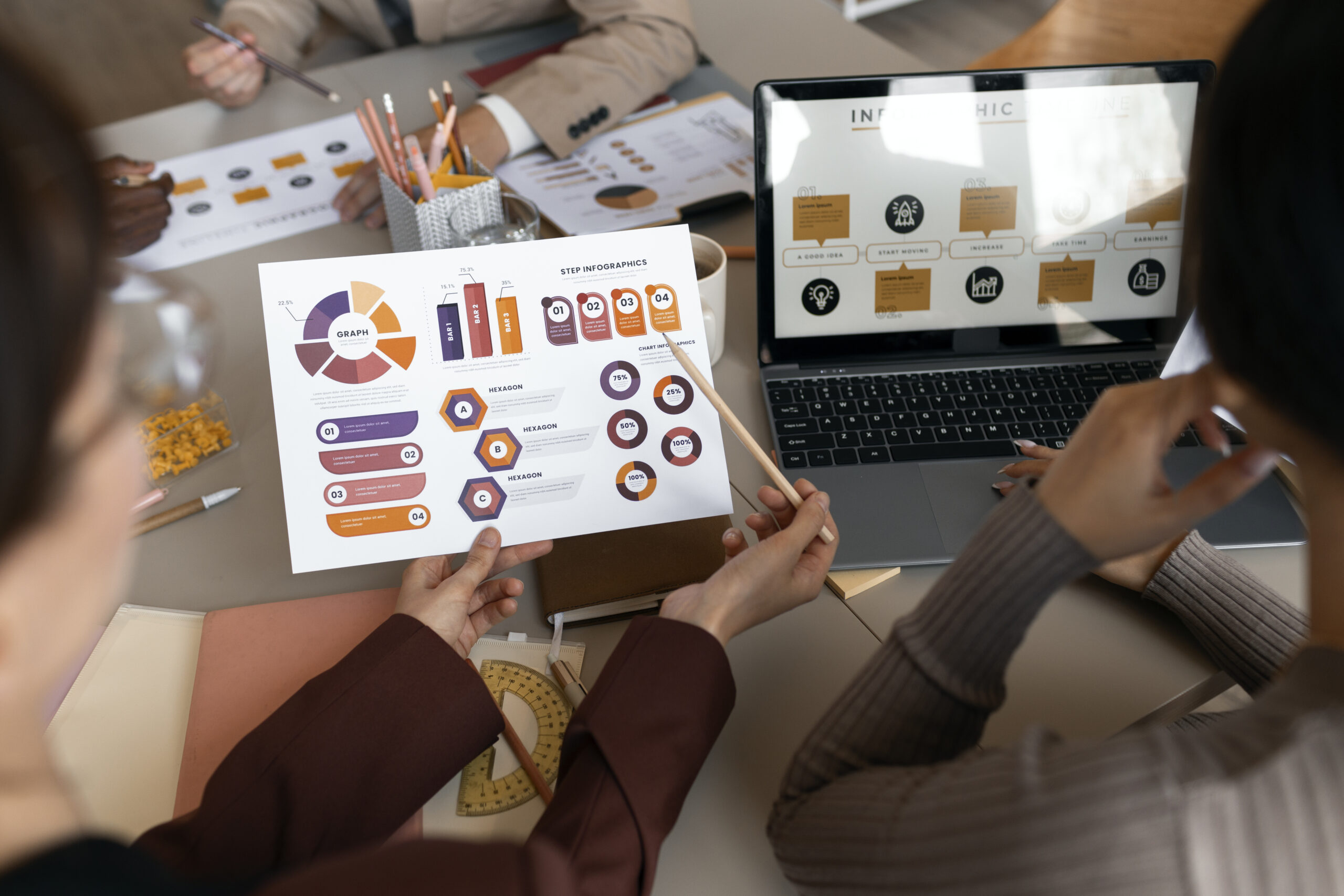 A person reviewing a colorful marketing performance infographic at Altselino.